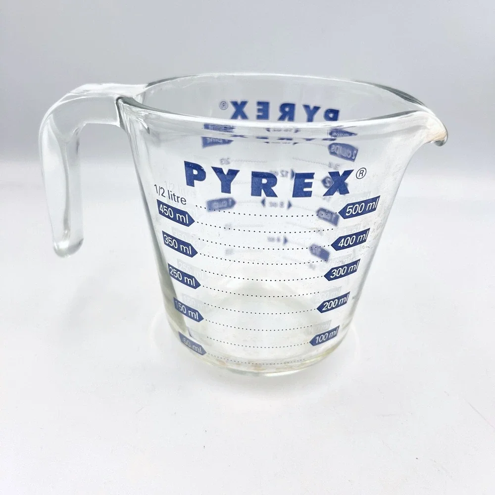 Vintage Pyrex 2 Cup Glass Measuring Cup Clear Blue Letter 1980s Corning USA